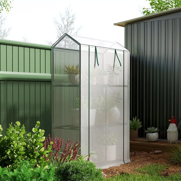 Outsunny Drivhus med hylder, Vinterfast Foliedrivhus af stål og plast, hvid, 100x40x150cm