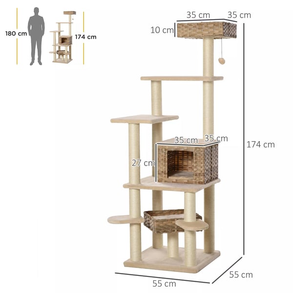 PawHut Kradsetræ til Katte med Liggepladser i Polyrotting og Plys - Beige/Brun 55 x 55 x 174 cm