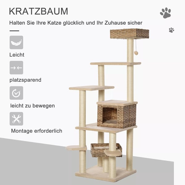 PawHut Kradsetræ til Katte med Liggepladser i Polyrotting og Plys - Beige/Brun 55 x 55 x 174 cm