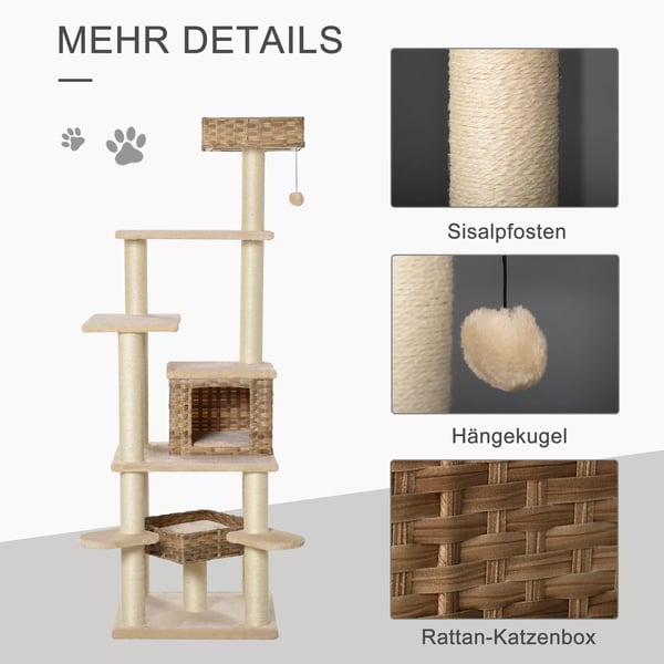 PawHut Kradsetræ til Katte med Liggepladser i Polyrotting og Plys - Beige/Brun 55 x 55 x 174 cm