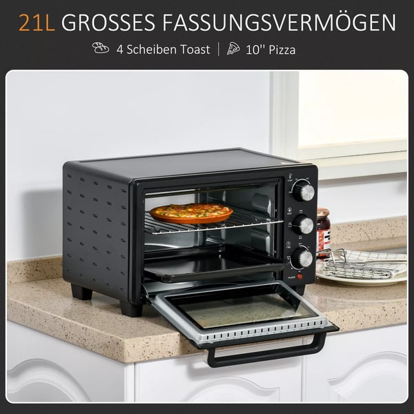 HOMCOM Miniovn, 21L, 3 tilberedningsfunktioner, 100°C-230°C, 1400W, rustfrit stål og glas, sort+sølv, 46,4x38x28,5 cm