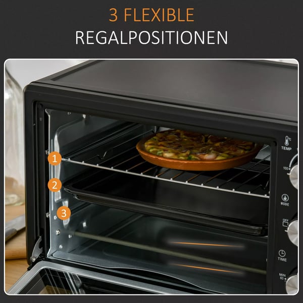HOMCOM Miniovn, 21L, 3 tilberedningsfunktioner, 100°C-230°C, 1400W, rustfrit stål og glas, sort+sølv, 46,4x38x28,5 cm