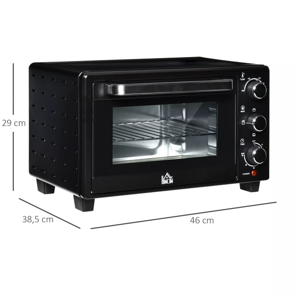 HOMCOM Miniovn, 21L, 3 tilberedningsfunktioner, 100°C-230°C, 1400W, rustfrit stål og glas, sort+sølv, 46,4x38x28,5 cm