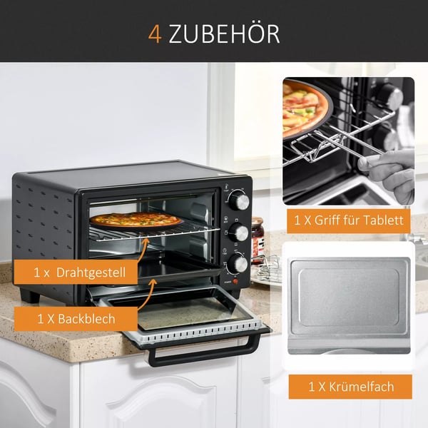 HOMCOM Miniovn, 21L, 3 tilberedningsfunktioner, 100°C-230°C, 1400W, rustfrit stål og glas, sort+sølv, 46,4x38x28,5 cm