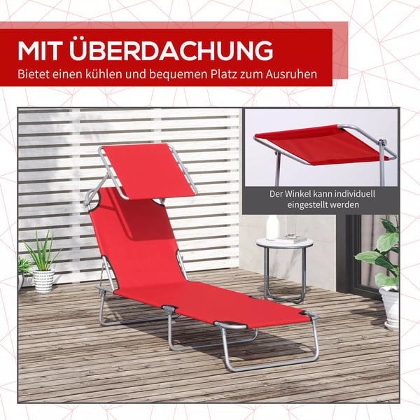 Outsunny solstol liggestol wellness-stol strandstol sammenklappelig med solbeskyttelse rød 187 x 58 x 36 cm