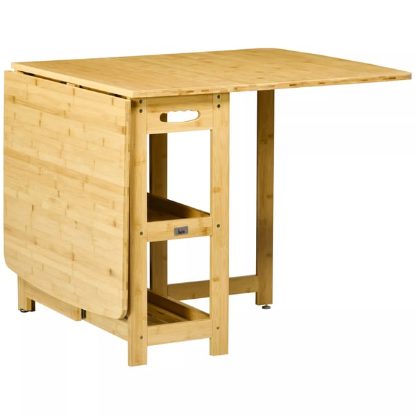 HOMCOM Hopfällbart Matbord i Bambu, Naturträ - 149,5 x 80 x 73,5 cm - Med Förvaringshyllor och Justerbara Fötter