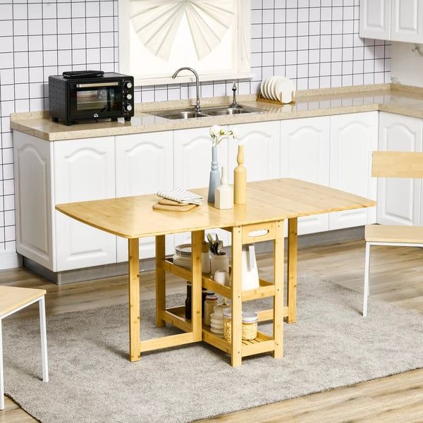 HOMCOM Klapbord, spisebord i bambus, naturtræ, med opbevaring, 149,5 x 80 x 73,5 cm