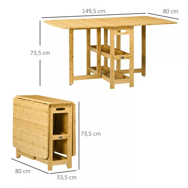 HOMCOM Klapbord, spisebord i bambus, naturtræ, med opbevaring, 149,5 x 80 x 73,5 cm