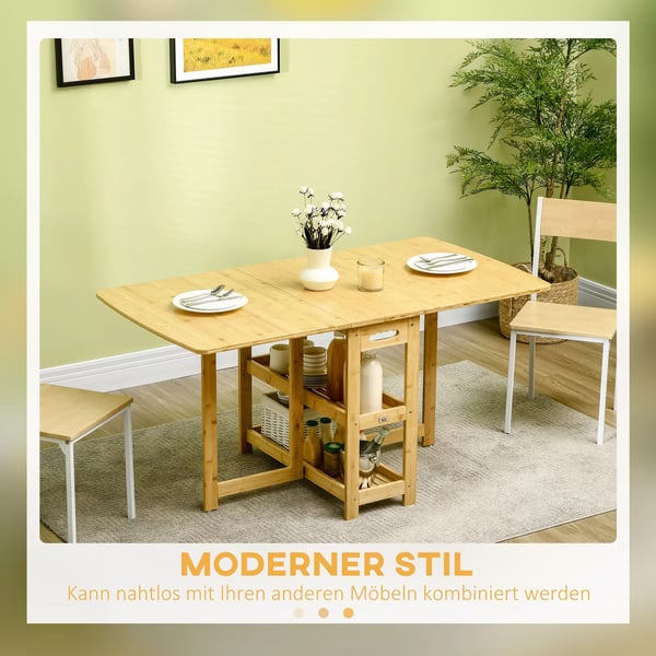 HOMCOM Klapbord, spisebord i bambus, naturtræ, med opbevaring, 149,5 x 80 x 73,5 cm