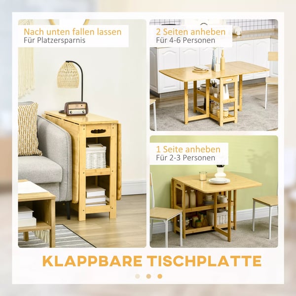 HOMCOM Klapbord, spisebord i bambus, naturtræ, med opbevaring, 149,5 x 80 x 73,5 cm