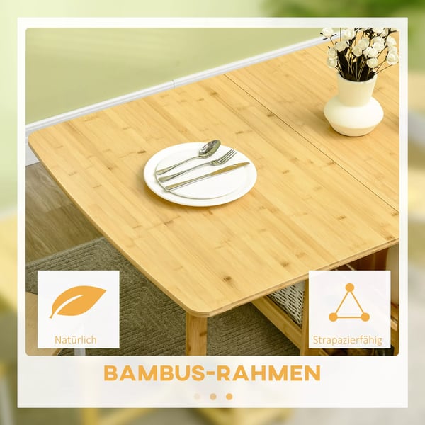 HOMCOM Klapbord, spisebord i bambus, naturtræ, med opbevaring, 149,5 x 80 x 73,5 cm