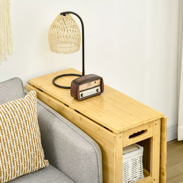 Klapbord, spisebord i bambus, naturtræ, med opbevaring, 149,5 x 80 x 73,5 cm