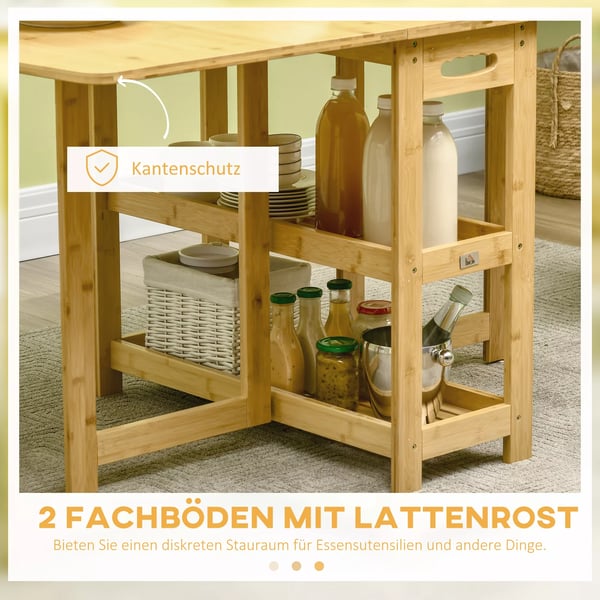 HOMCOM Klapbord, spisebord i bambus, naturtræ, med opbevaring, 149,5 x 80 x 73,5 cm