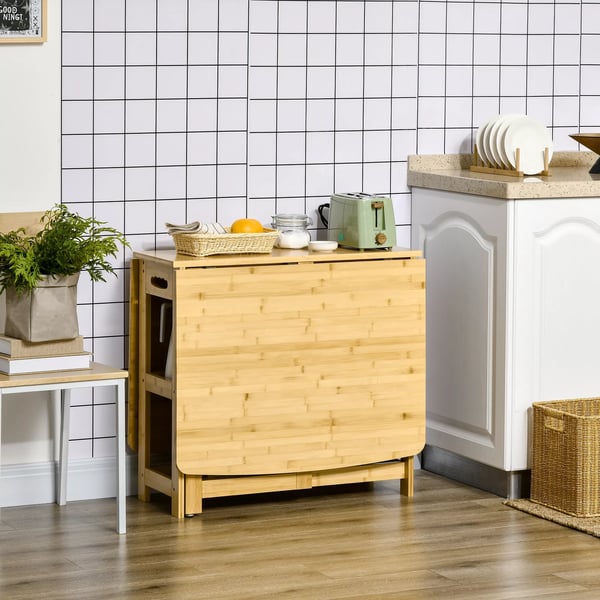 HOMCOM Klapbord, spisebord i bambus, naturtræ, med opbevaring, 149,5 x 80 x 73,5 cm