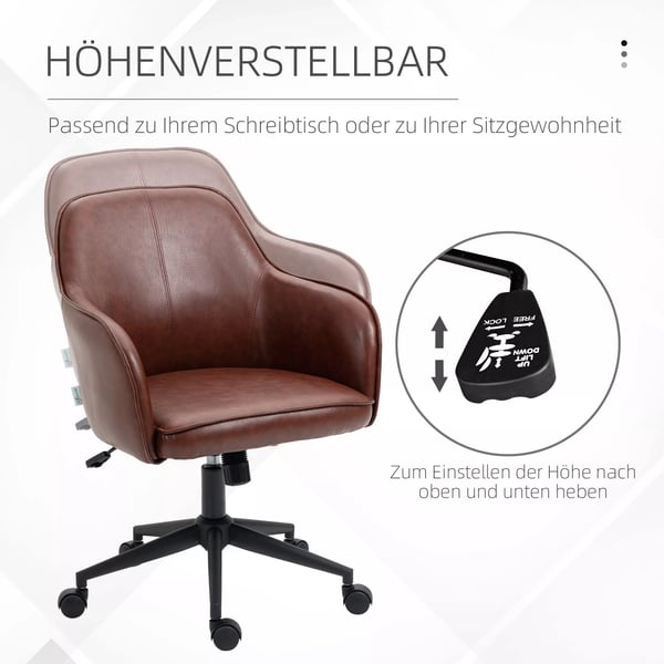 Vinsetto kontorstol, skrivebordsstol med vippefunktion, hjul, kunstlæderlook, 93-101 cm højdejusterbar, op til 120 kg, brun