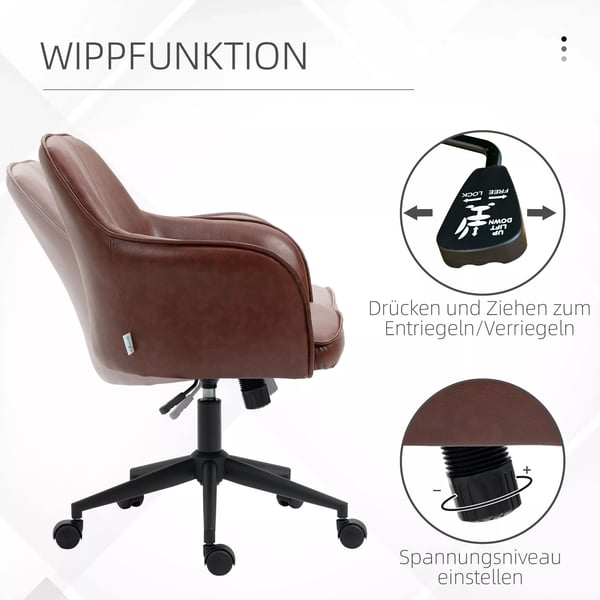 Vinsetto kontorstol, skrivebordsstol med vippefunktion, hjul, kunstlæderlook, 93-101 cm højdejusterbar, op til 120 kg, brun
