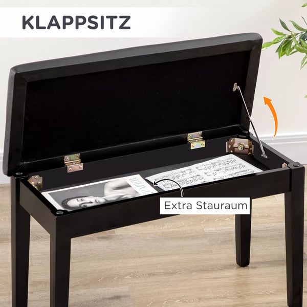 HOMCOM Klaverbænk: Sort, Justerbar Højde, Skjult Opbevaring, Læderpolster, Gummitræ, 75x35x49cm