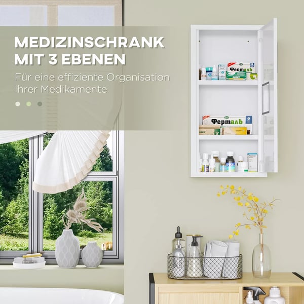 kleankin medicinskab, førstehjælpsskab i hvid med 3 indvendige hylder & magnetlukning, til medicin, 40x15x53,5 cm