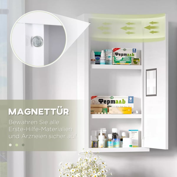 kleankin medicinskab, førstehjælpsskab i hvid med 3 indvendige hylder & magnetlukning, til medicin, 40x15x53,5 cm