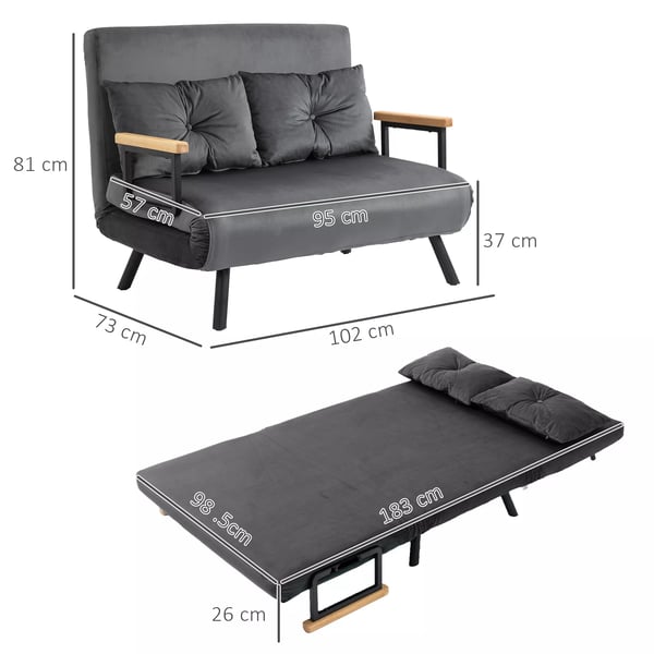 HOMCOM Sovesofa med opbevaring og justerbart ryglæn, fløjlslook, mørkegrå
