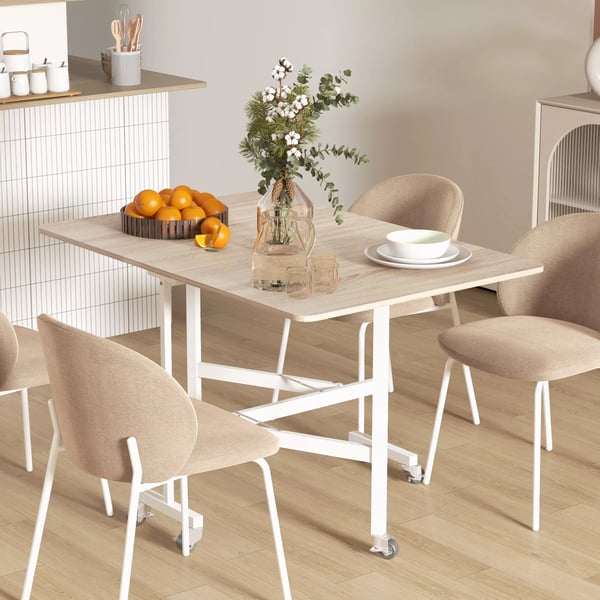 spisebord, køkkenbord med hjul, foldebord med stålramme, udvideligt spisebord til 4-6 personer, til køkken, spisestue, eg
