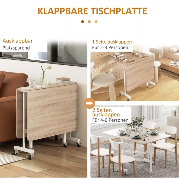 spisebord, køkkenbord med hjul, foldebord med stålramme, udvideligt spisebord til 4-6 personer, til køkken, spisestue, eg