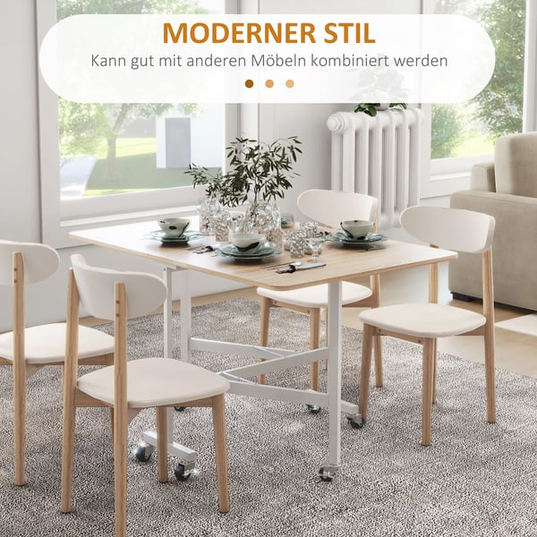 spisebord, køkkenbord med hjul, foldebord med stålramme, udvideligt spisebord til 4-6 personer, til køkken, spisestue, eg