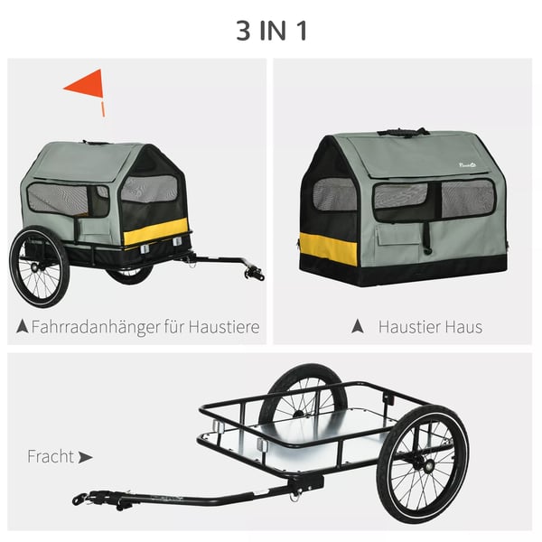 PawHut 3-i-1 Cykelanhænger til hunde - Transportvogn og Hundehus, Oxford, Grå