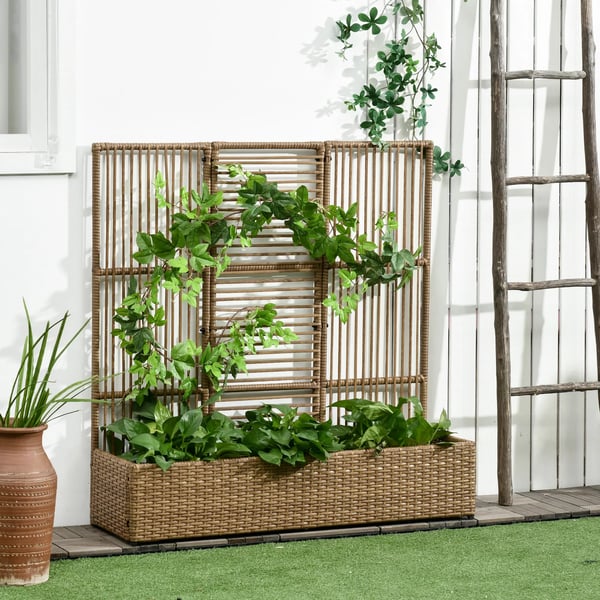 Outsunny højbed i polyrattan med espalier, plantekasse, urtepotte, havebed, til have, altan, sandfarvet, 103 x 103 x 29 cm