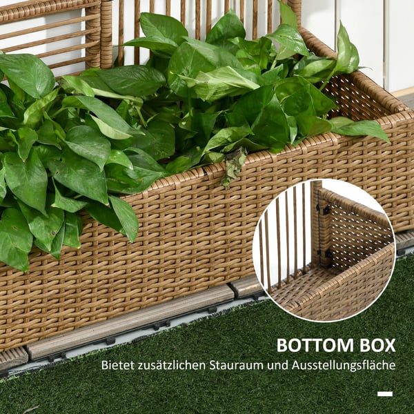 Outsunny højbed i polyrattan med espalier, plantekasse, urtepotte, havebed, til have, altan, sandfarvet, 103 x 103 x 29 cm