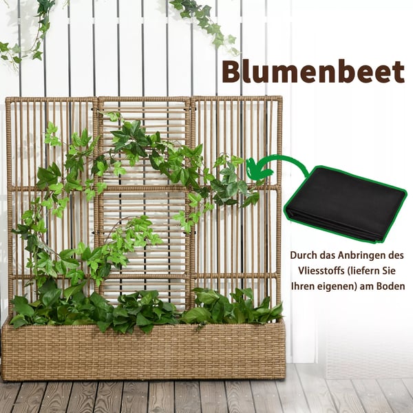Outsunny højbed i polyrattan med espalier, plantekasse, urtepotte, havebed, til have, altan, sandfarvet, 103 x 103 x 29 cm
