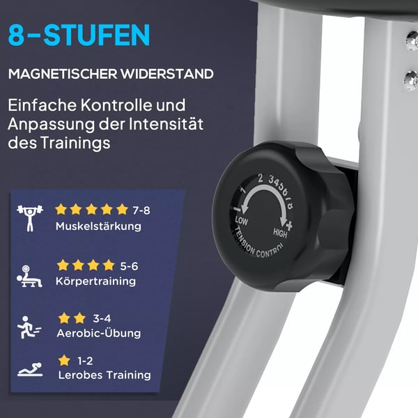HOMCOM F-Bike motionscykel med 8-trins magnetisk modstand, højdejusterbar, stål, sort+grå, 43x97x109 cm