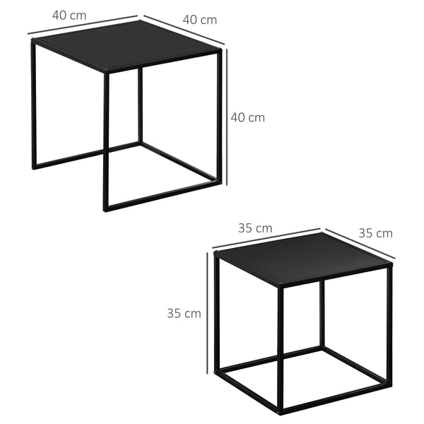 HOMCOM Sofabordssæt - Sæt med 2 sideborde, stålramme, sort, 40x40x40cm