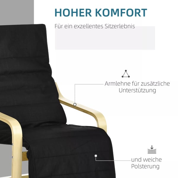 HOMCOM Lænestol med Fodstøtte, Sort Polyester, Birk Træ - Komfortabel Hvile- og Svingstol