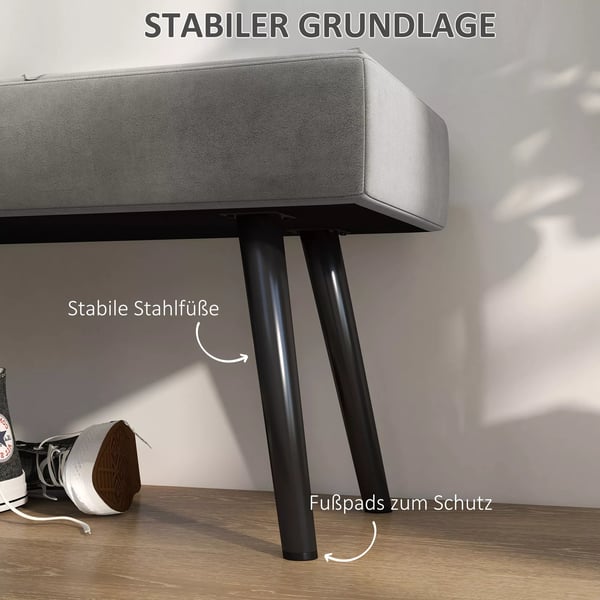 HOMCOM polstret bænk i fløjlslook, siddebænk, sengebænk, entrébænk med X-mønster, op til 120 kg, til soveværelse, 100x36x45 cm, grå