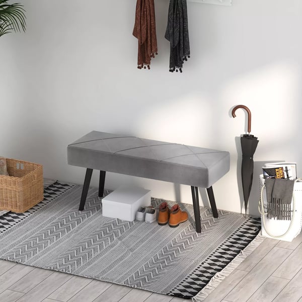 HOMCOM polstret bænk i fløjlslook, siddebænk, sengebænk, entrébænk med X-mønster, op til 120 kg, til soveværelse, 100x36x45 cm, grå