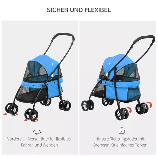 PawHut Hundebuggy - Foldbar, Blå Oxford & Stål med Meshvindue og Sikkerhedssnorer, 15kg Kapacitet