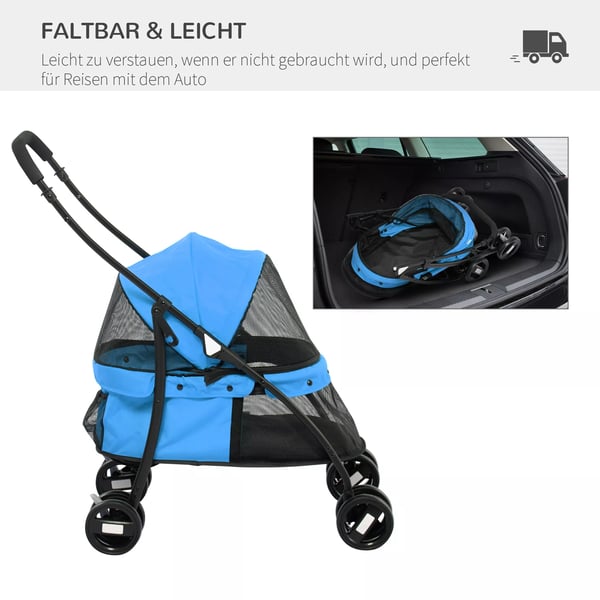 PawHut Hundebuggy - Foldbar, Blå Oxford & Stål med Meshvindue og Sikkerhedssnorer, 15kg Kapacitet
