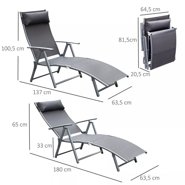 Outsunny havestol liggestol solstol sammenklappelig justerbar med pude have grå metal + stof grå 137 x 63,5 x 100,5 cm