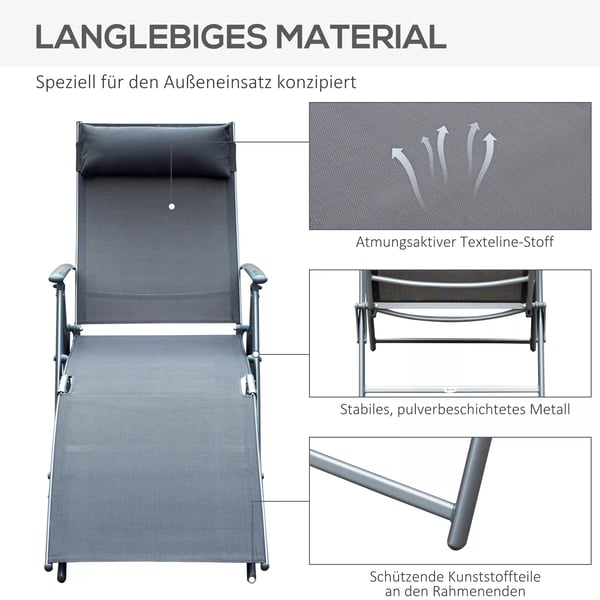 Outsunny havestol liggestol solstol sammenklappelig justerbar med pude have grå metal + stof grå 137 x 63,5 x 100,5 cm