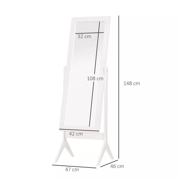 HOMCOM Standsspejl - Hvid MDF Fuld Længde Spejl med Justerbar Vinkel - Perfekt til Soveværelse & Gang (47x46x148cm)