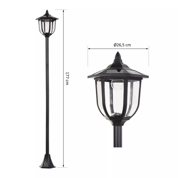 Outsunny Solcelle Have Lanterne, LED, Plastik, Sort, Vandtæt IP44, Ø26,5 x H177 cm