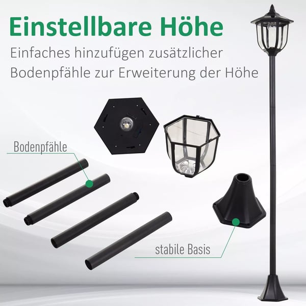 Outsunny Solcelle Have Lanterne, LED, Plastik, Sort, Vandtæt IP44, Ø26,5 x H177 cm