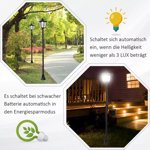 Outsunny Solcelle Have Lanterne, LED, Plastik, Sort, Vandtæt IP44, Ø26,5 x H177 cm