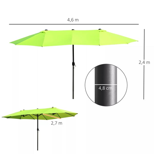Outsunny parasol haveparasol markedsparasol dobbeltparasol terrasseparasol med håndsving grøn oval 460 x 270 x 240 cm