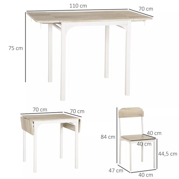 HOMCOM 3-delt spisebordssæt med 2 stole og 1 klapbord, stål og MDF, natur/hvid, 110x70x75 cm