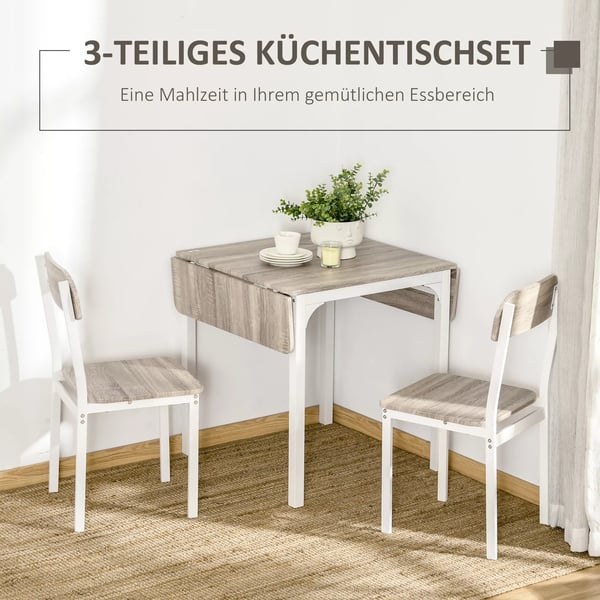 HOMCOM 3-delt spisebordssæt med 2 stole og 1 klapbord, stål og MDF, natur/hvid, 110x70x75 cm