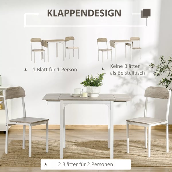 HOMCOM 3-delt spisebordssæt med 2 stole og 1 klapbord, stål og MDF, natur/hvid, 110x70x75 cm