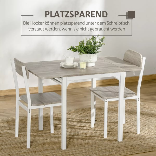 HOMCOM 3-delt spisebordssæt med 2 stole og 1 klapbord, stål og MDF, natur/hvid, 110x70x75 cm
