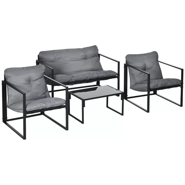 Altanmøbler med sædehynder, haveloungesæt, dobbeltsofa, 2 lænestole, sofabord, grå+sort